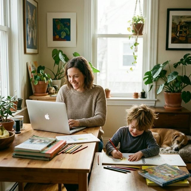 Padres trabajando mientras educan
